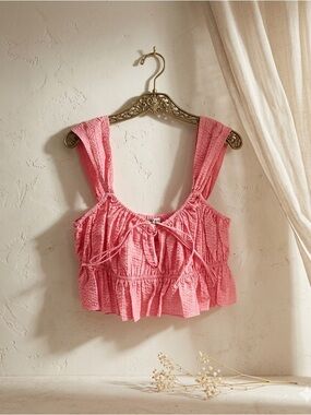 Ciao Lucia Cinetta Crop Top Melon Pink Seersucker Ruffle Medium NWT